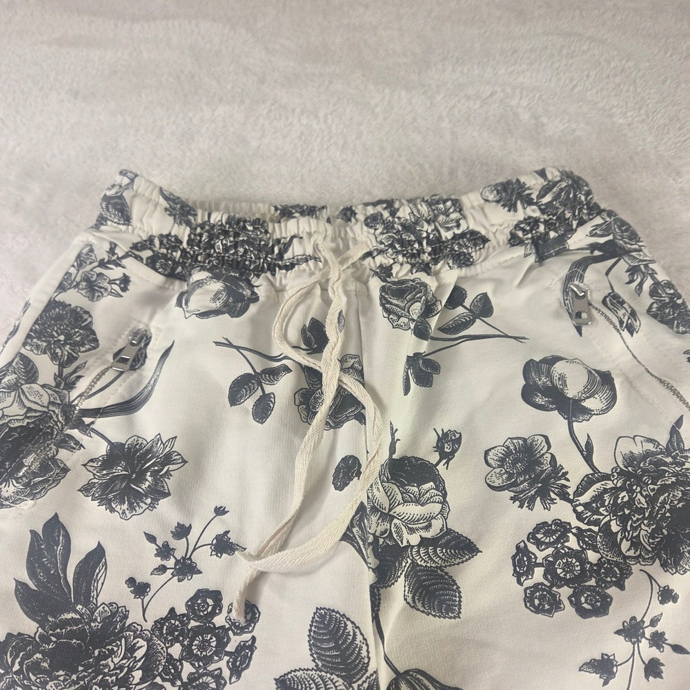 Made in Italy Floral Print Joggers Wht Blk Rose Toile Zipper Pocket Pants M - Picture 4 of 7